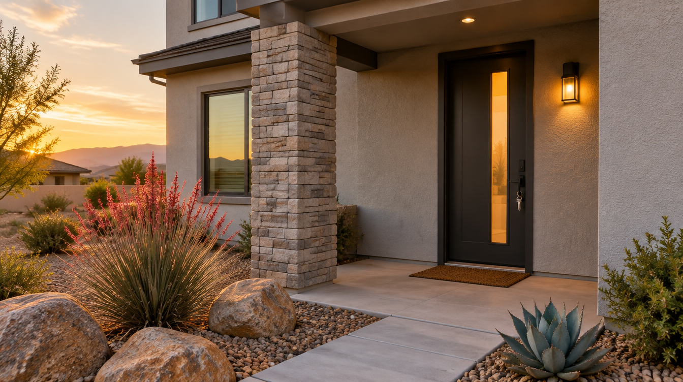 Front porch of a Henderson, Nevada home at golden hour with keys in the door