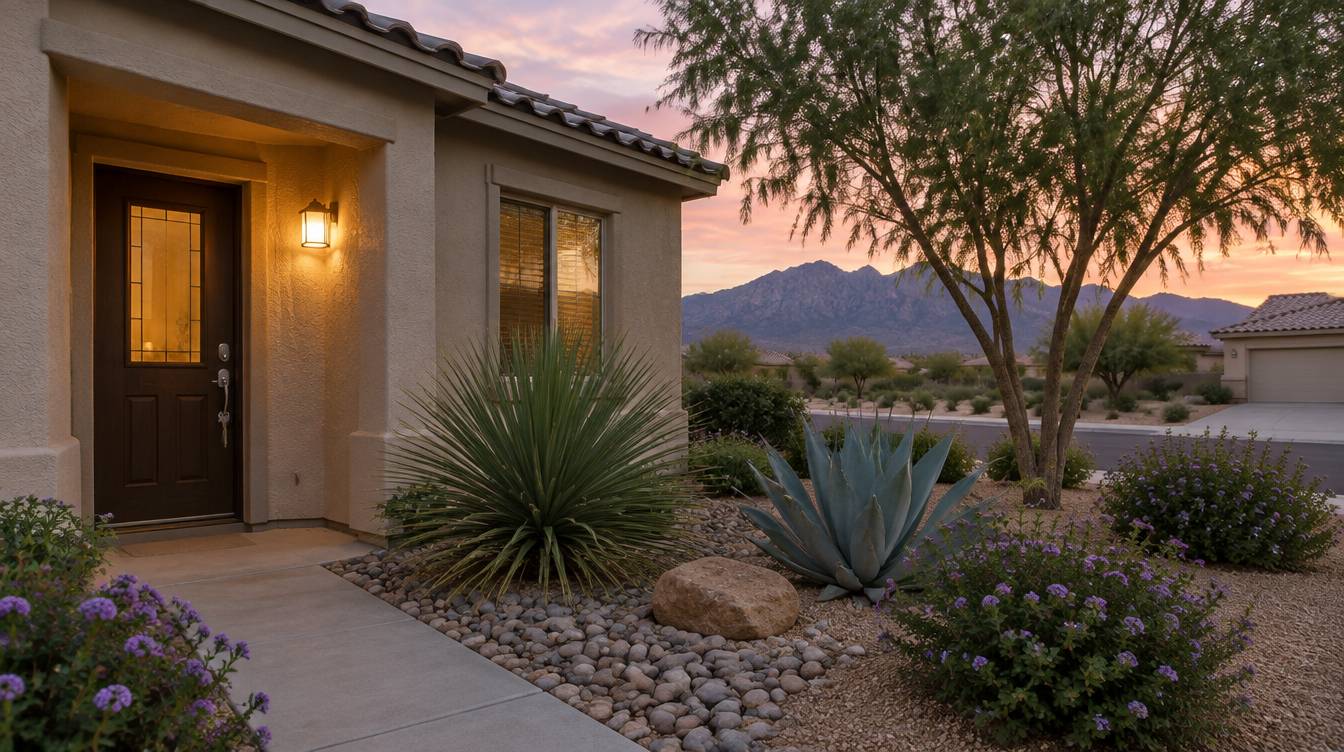 Front door of a Las Vegas home at dusk with desert landscaping