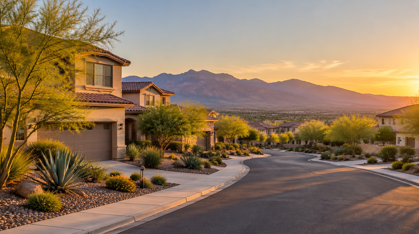 Henderson, Nevada neighborhood street at golden hour with tile-roof homes and desert landscaping