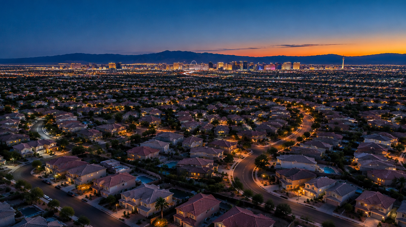 Aerial view of Las Vegas valley neighborhoods at blue hour