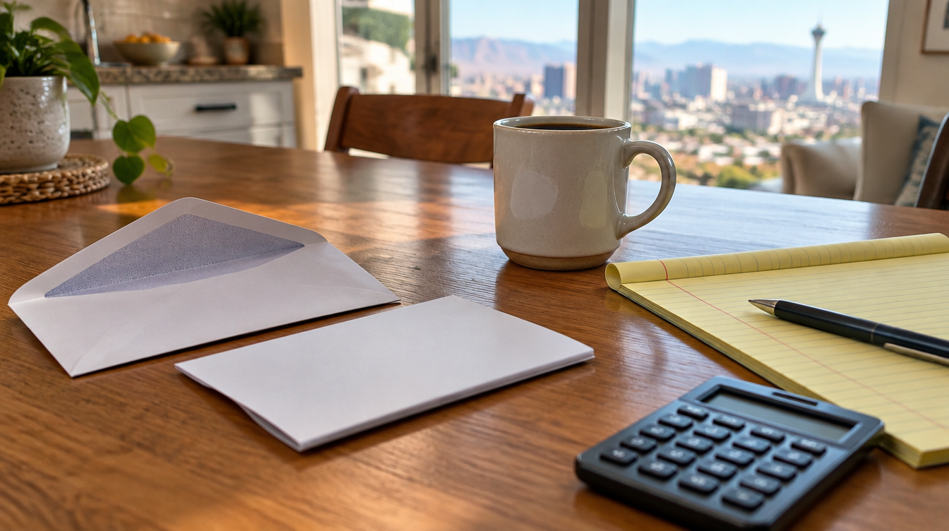 Letter, coffee and calculator on a kitchen table in morning light