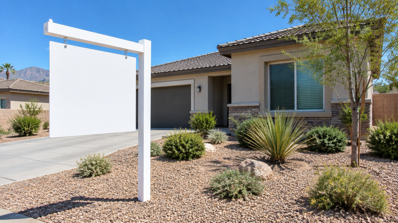 Real estate yard sign in front of a Las Vegas stucco home